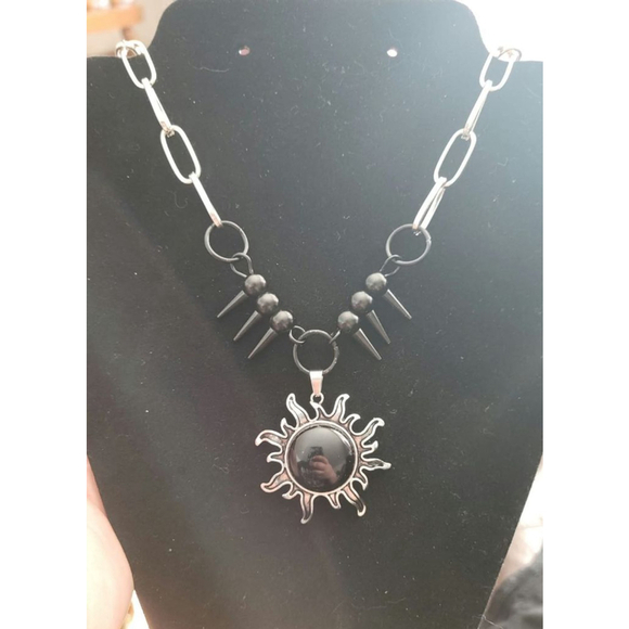 Handmade Jewelry - Black Sun Necklace with Silver Chain Handmade Hypoallergenic Gothic Goth Punk